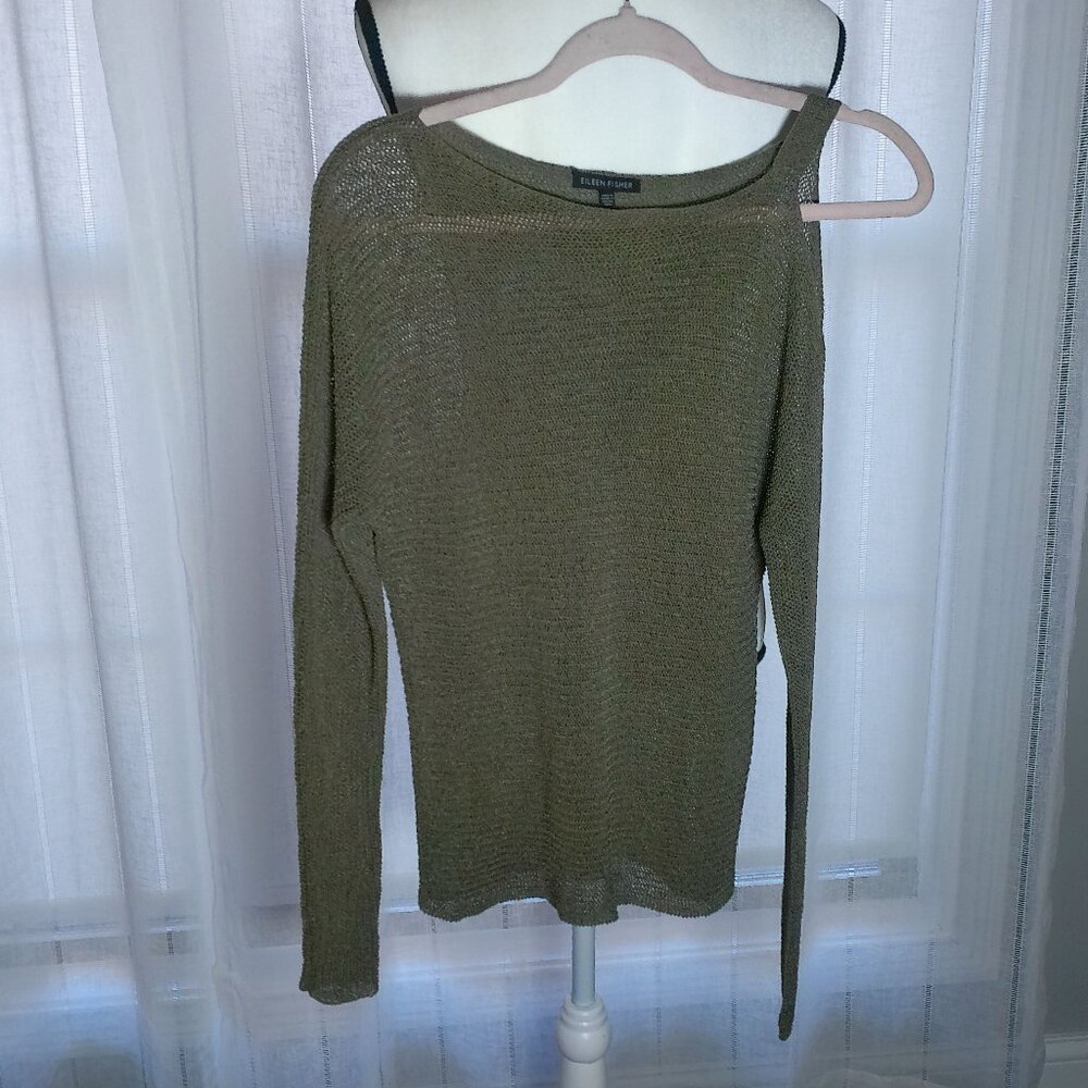 EILEEN FISHER Sweater Open Left Shoulder Linen/Cotton Army Green XS